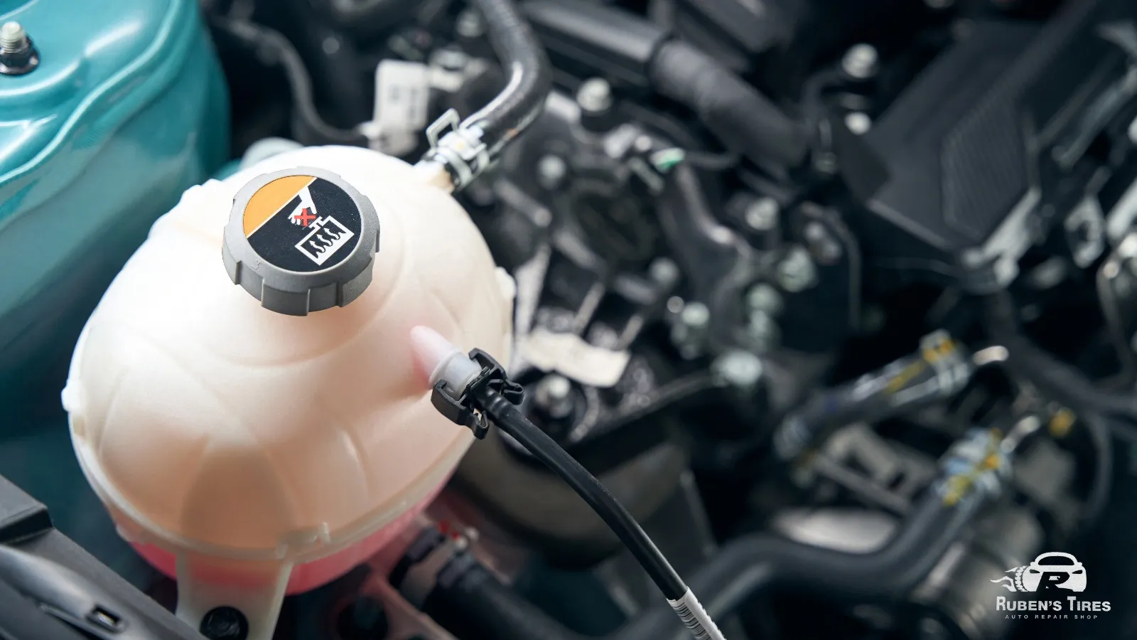 Close-up of a coolant reservoir during a car maintenance service at Ruben's Tires.