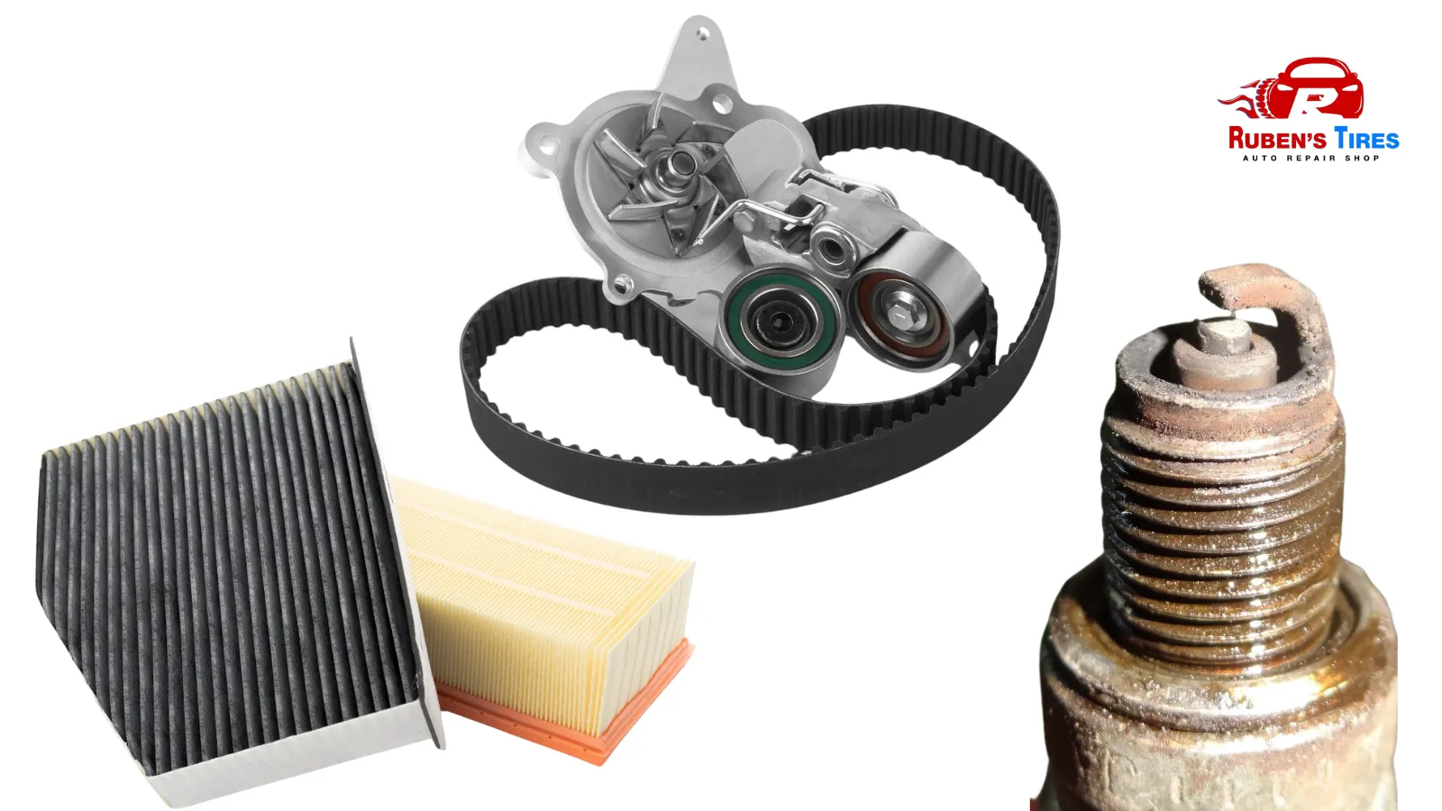 Car parts including timing belt, air filter, and spark plug representing essential maintenance.