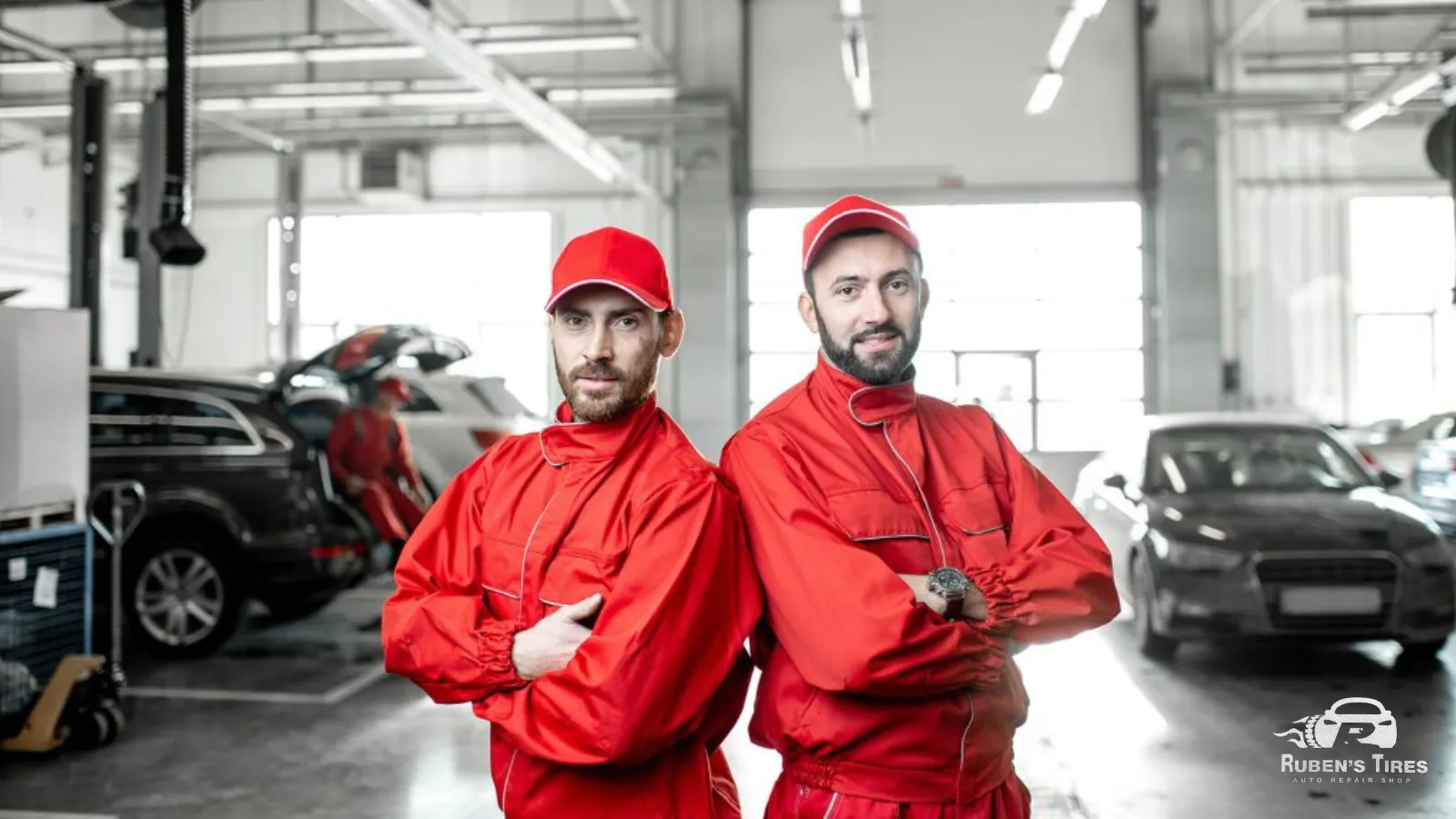 Two technicians in red uniforms standing confidently in Ruben’s Auto Repair workshop.