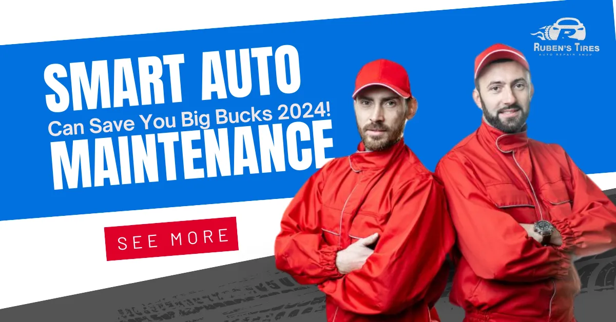 Two mechanics highlighting the cost-saving benefits of smart auto maintenance at Ruben’s Tires.